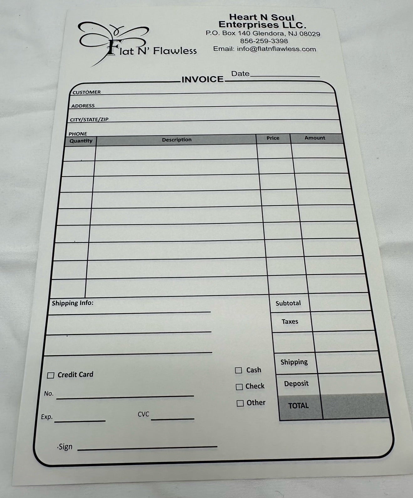 Flat N' Flawless 2 part Professional Sales Invoices ( for retail in person physical orders) 10 count