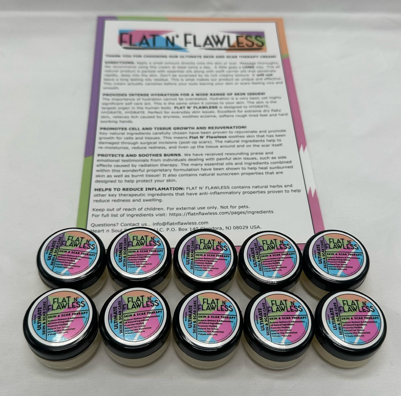 Flat N' Flawless Sample Pack of 10- 5 gram Samples with Info Sheet